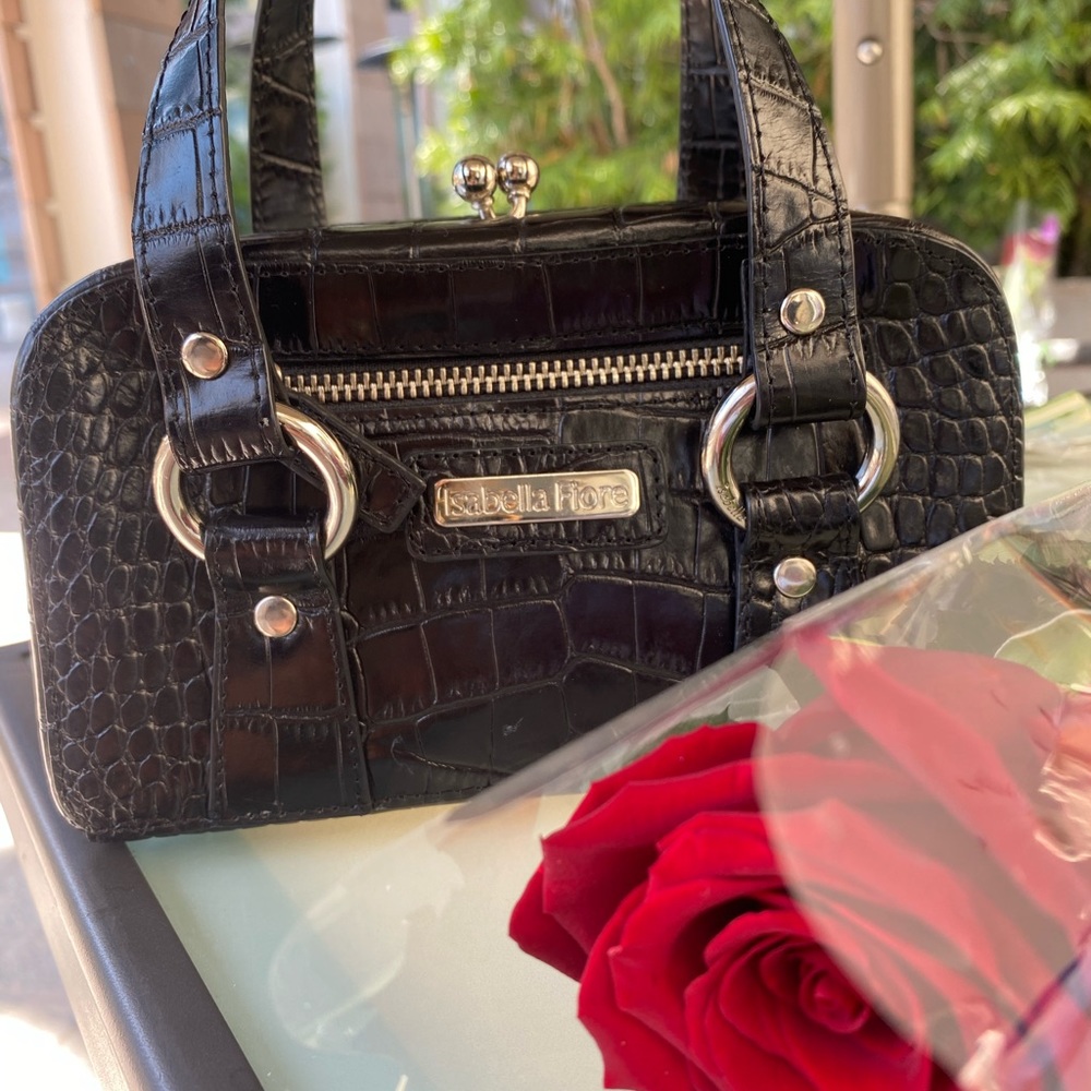 ISABELLA FIORE Black Leather Alligator Print Mini Purse